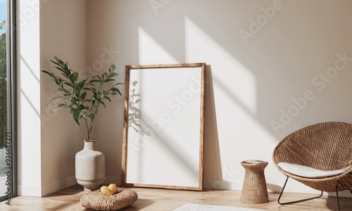 A white framed picture sits on a wooden floor next to a vase with a plant in it