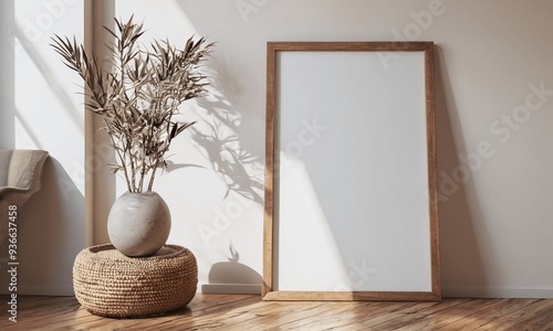 A white framed picture sits on a wooden floor next to a vase