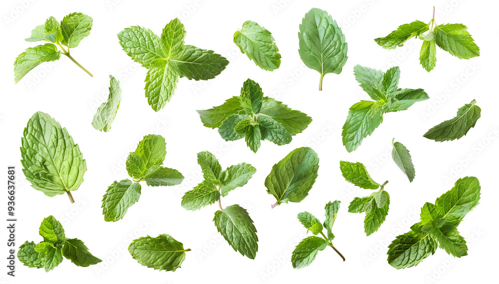 Fresh mint leaves, falling peppermint foliage isolated on white background with clipping path Fresh mint leaves, falling peppermint foliage isolated on white background with clipping path