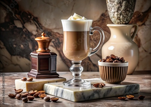 Richly decorated marble pedestal showcases a freshly brewed coffee latte with chocolate wedges, accompanied by a milk jug and elegant glass bottle in the background.