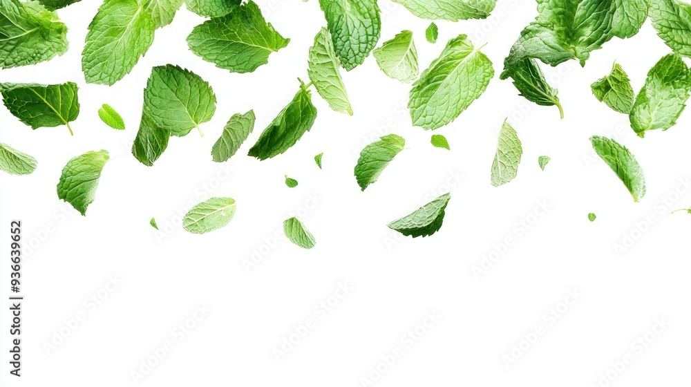Green Mint Leaves Falling Against White Background Green Mint Leaves Falling Against White Background