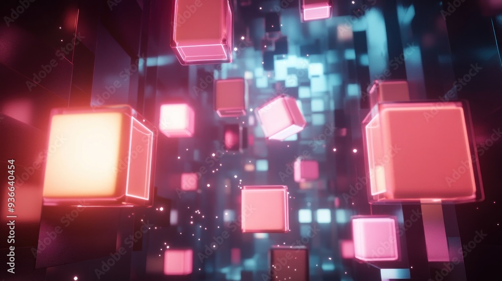 Abstract Background with Glowing Pink Cubes in a Dark Space Abstract Background with Glowing Pink Cubes in a Dark Space