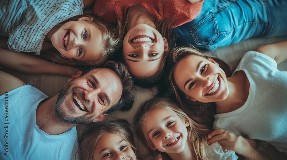 Fototapeta premium A joyful family gathered on a cozy floor, exchanging smiles and laughter while enjoying a moment together during a relaxed afternoon