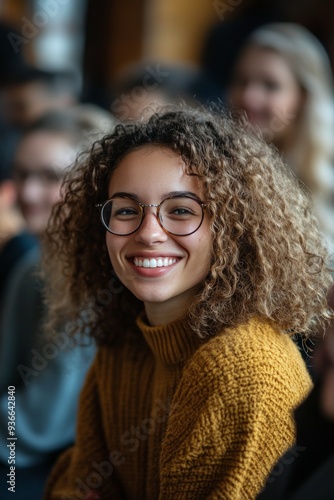Smiling young woman with curly hair and glasses in a cozy sweater at a gathering