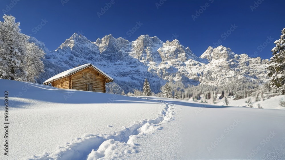 Fototapeta premium Snow-covered cabin in a serene mountain landscape during winter