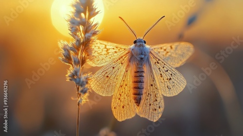 Delicate butterfly resting on a flower during a golden sunset