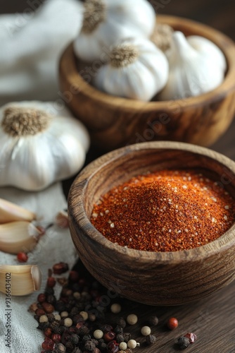Fresh garlic and vibrant spices arranged in rustic bowls on a wooden surface