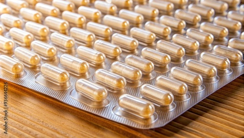 Rows of transparent blister packs containing white medicine capsules are arranged neatly on a warm brown table, with subtle shadows and soft lighting. photo