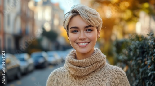 Young woman with short hair smiles brightly on a sunny street in the afternoon