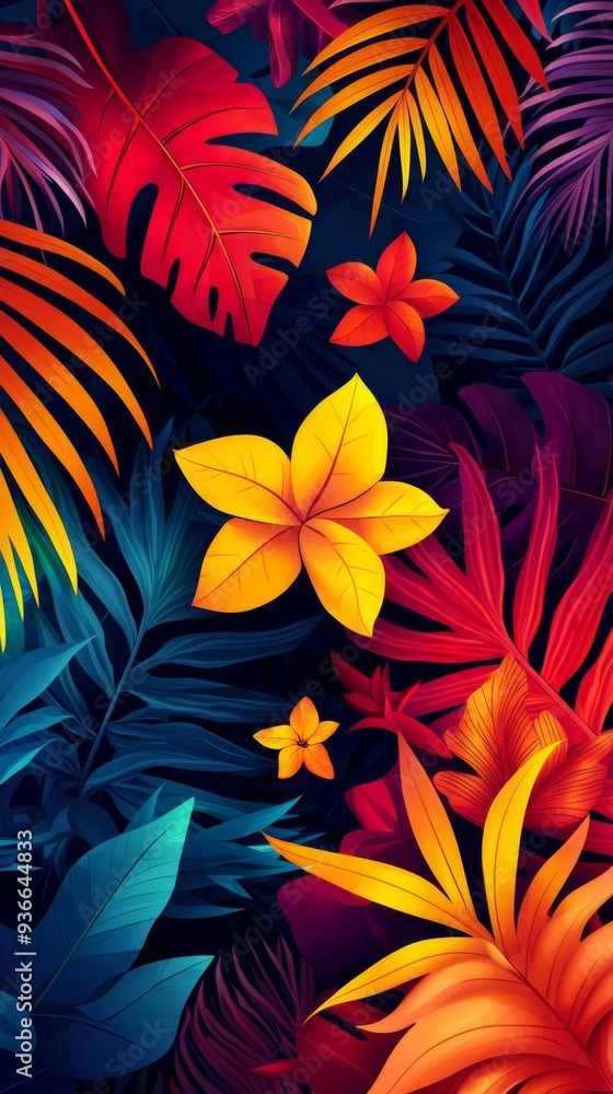 Colorful tropical design with monstera and palm leaves - exotic decor, mobile wallpaper, nature art Colorful tropical design with monstera and palm leaves - exotic decor, mobile wallpaper, nature art