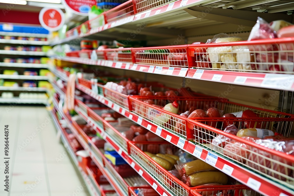 Grocery Store Shelves with Packed Food Products Grocery Store Shelves with Packed Food Products