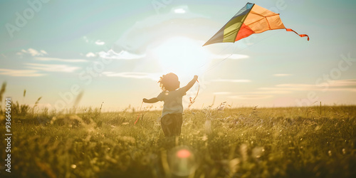 Criança brincando com uma pipa colorida em um campo ensolarado