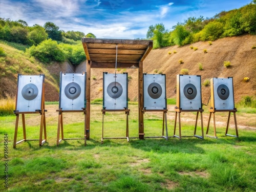 Rugged steel target setup in outdoor range, designed for .22LR caliber firearms training, featuring multiple target zones and a rustic, natural backdrop. photo