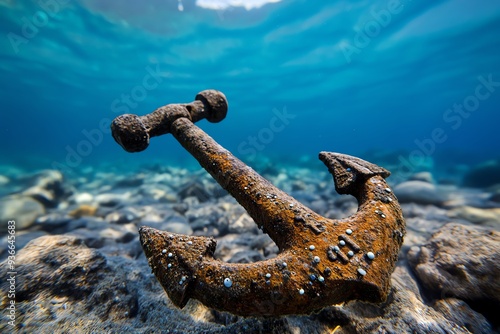 An old anchor encrusted with barnacles and marine growth, lying abandoned on the ocean floor, telling the story of its long, submerged history