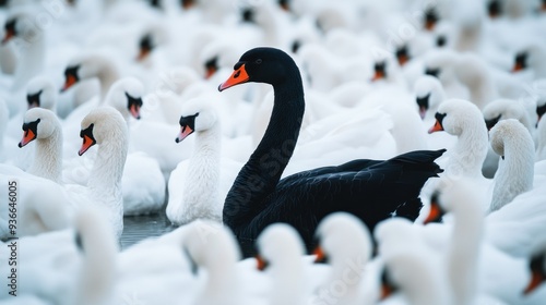 Black Swan Amidst a Flock of White Swans photo