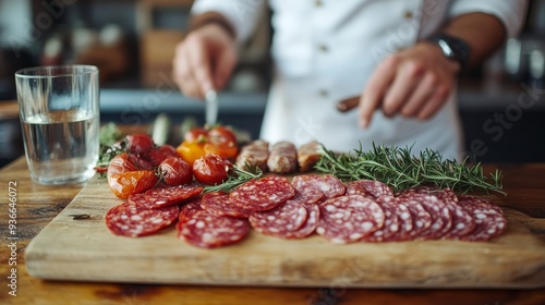 Chef slicing salami on a wooden board with fresh herbs and fruits in a kitchen