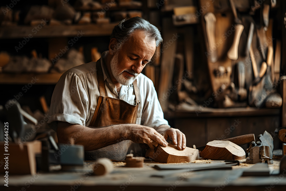 Elderly artisan handcrafting wooden sculpture in rustic workshop, showcasing authenticity and traditional craftsmanship, evoking warm, genuine emotions in a realistic and relatable setting Elderly artisan handcrafting wooden sculpture in rustic workshop, showcasing authenticity and traditional craftsmanship, evoking warm, genuine emotions in a realistic and relatable setting
