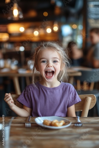Excited child with braids ready to eat at a cozy restaurant