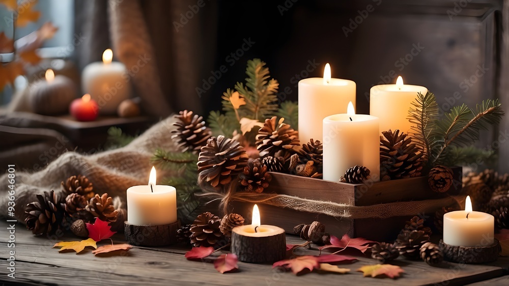 A cozy autumn picture with lit candles, pinecones, and beautiful leaves encircling a blank card, ideal for seasonal messaging. A cozy autumn picture with lit candles, pinecones, and beautiful leaves encircling a blank card, ideal for seasonal messaging.