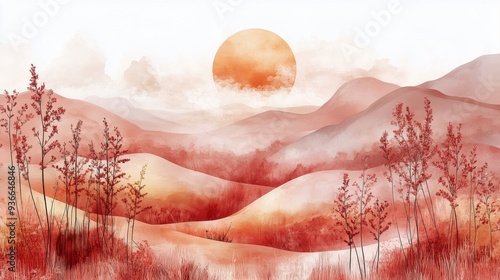 Abstract sunset over colorful mountains with silhouette plants in a desert la...