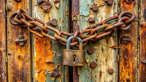 Rusted metal chains and padlock secure a worn, wooden door with peeling paint and rusty hinges, conveying a sense of abandonment and restricted access.