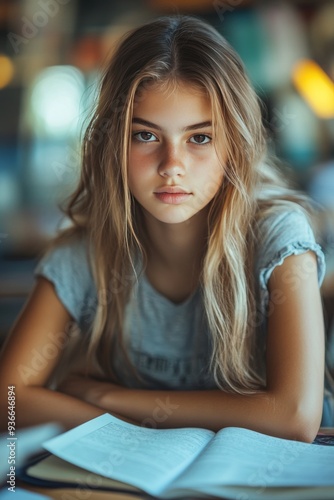 Young woman reading a book in a cozy indoor study space in the afternoon