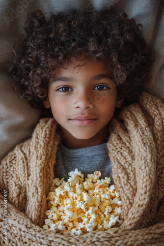 Teen relaxing on couch with bowl of popcorn during cozy movie night at home