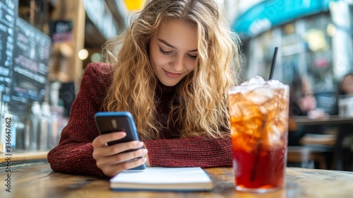 Young woman sitting at a cafe, checking her phone while enjoying a drink duri...