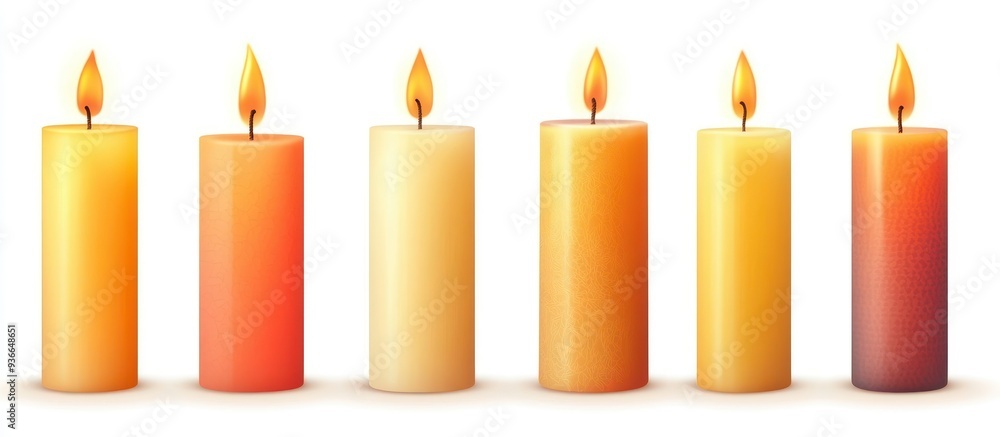 Six Burning Candles of Different Colors and Textures Six Burning Candles of Different Colors and Textures