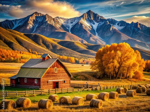 Rustic Midwest ranch nestled in rolling hills of golden hay, surrounded by majestic mountains, bathed in warm, cinematic light on a crisp autumn day. photo