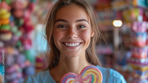Young woman smiling with a heart-shaped lollipop at a carnival during twilight