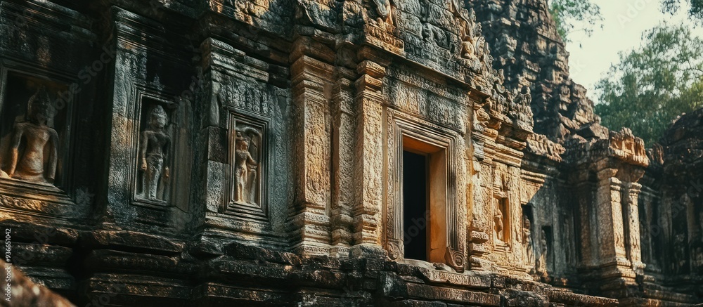 Fototapeta premium Ancient Stone Temple with Carved Figures and Open Doorway