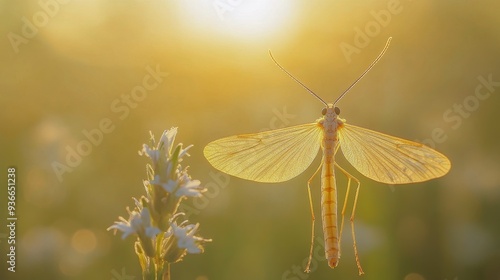 Delicate butterfly resting on a flower during a golden sunset