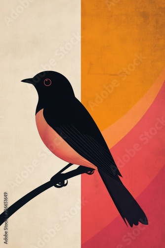 A silhouette of a bird soaring against a colorful sunset background