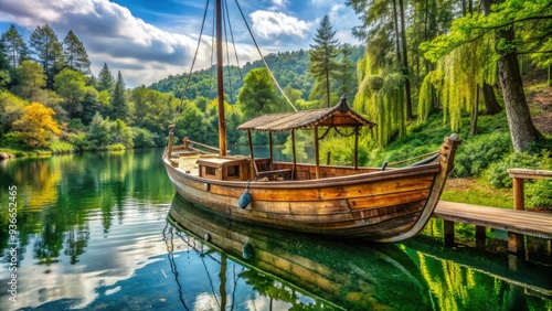 Wallpaper Mural Rustic wooden sailboat with peeling paint and intricate carvings, docked alongside a tranquil lake, surrounded by lush greenery and serene atmosphere. Torontodigital.ca