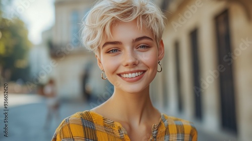Young woman with short hair smiles brightly on a sunny street in the afternoon
