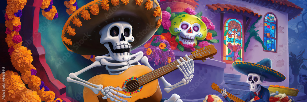 A Mexican folk art style illustration of a Day of the Dead scene. There is a skeleton wearing a sombrero and playing a guitar. banner A Mexican folk art style illustration of a Day of the Dead scene. There is a skeleton wearing a sombrero and playing a guitar. banner