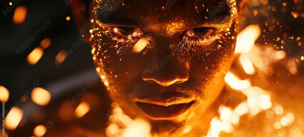Fire dancer face illuminated by the intense light of the flames Fire dancer face illuminated by the intense light of the flames
