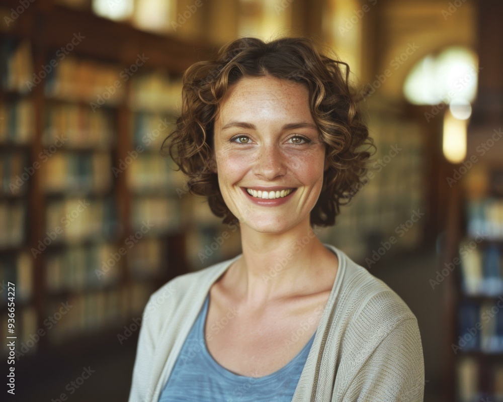 Portrait of a smiling young woman with short brown hair wearing a blue shirt and white cardigan sweater in a library. AI. Portrait of a smiling young woman with short brown hair wearing a blue shirt and white cardigan sweater in a library. AI.