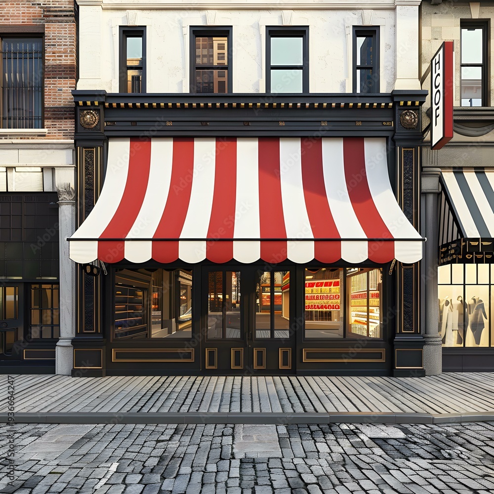 Obraz premium Red and White Striped Awning Over A Shop in City