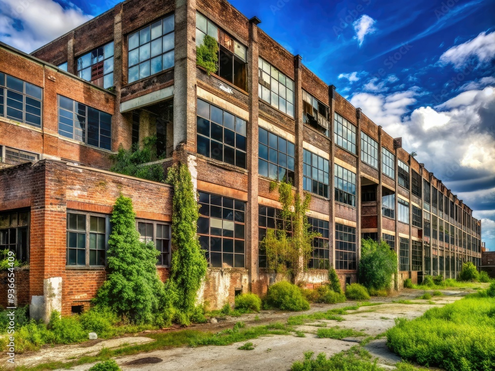Rusty, crumbling industrial architecture of a long-abandoned former auto plant, overgrown with weeds, in a state of decay, with broken windows and worn brick facades. Rusty, crumbling industrial architecture of a long-abandoned former auto plant, overgrown with weeds, in a state of decay, with broken windows and worn brick facades.