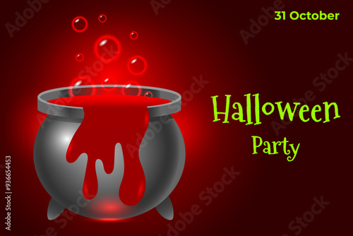 Festive banner design for Halloween. Design of a magical cauldron with a boiling potion in neon red color