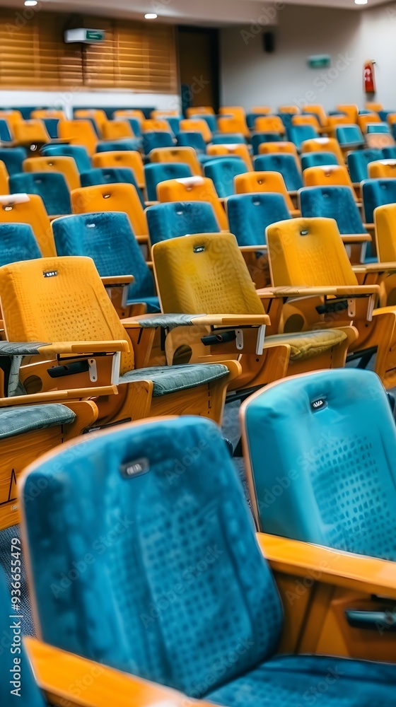 Naklejka premium Auditorium Seats in Rows With Blue And Yellow Upholstery