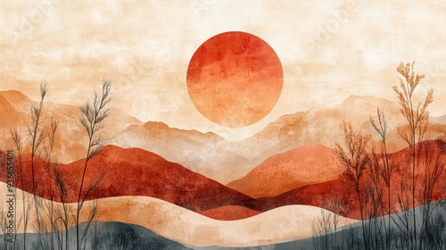 Abstract sunset over colorful mountains with silhouette plants in a desert la...