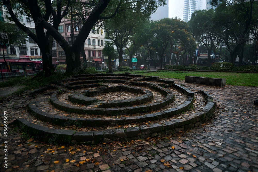 Circular Stone Steps in a Park with Trees and Buildings in the Background Circular Stone Steps in a Park with Trees and Buildings in the Background