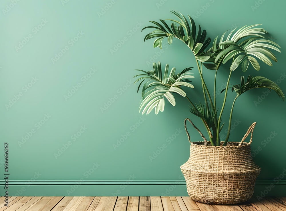 Green Wall with Tropical Plant in Basket Green Wall with Tropical Plant in Basket