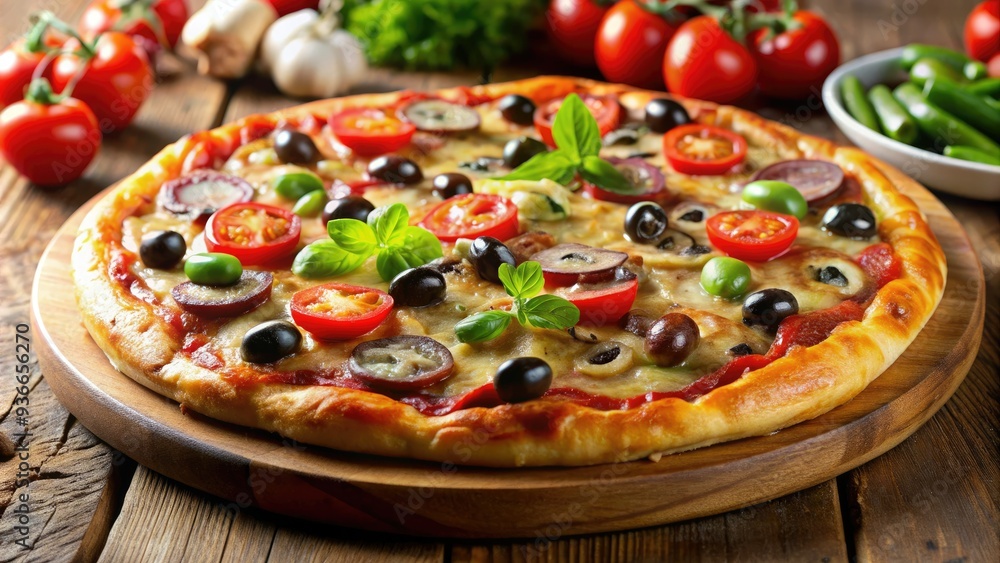 Savory and flavorful, a freshly baked pizza loaded with pepperoni, mushrooms, olives, green peppers, and melted cheese, inviting a delicious and satisfying meal. Savory and flavorful, a freshly baked pizza loaded with pepperoni, mushrooms, olives, green peppers, and melted cheese, inviting a delicious and satisfying meal.