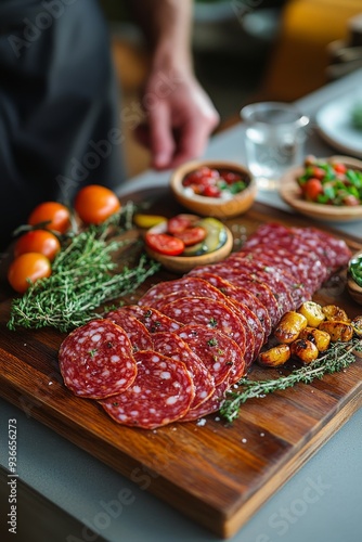 Charcuterie board with sliced salami and cheese on a wooden cutting board