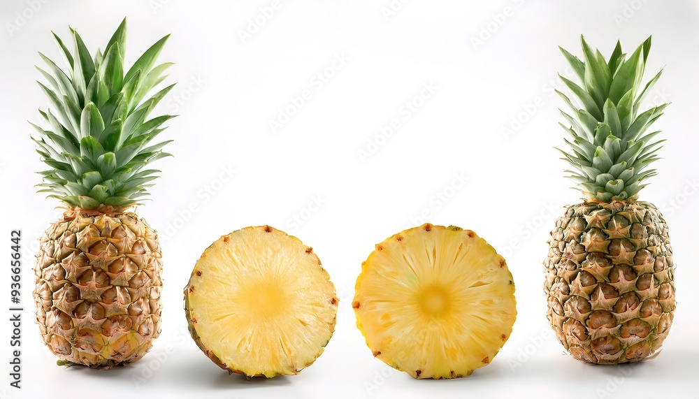 pineapple - Ananas comosus - is a tropical plant with an edible juicy yellow fruit indigenous to South America. eaten raw, or topping on pizza. Isolated on white background with copy space pineapple - Ananas comosus - is a tropical plant with an edible juicy yellow fruit indigenous to South America. eaten raw, or topping on pizza. Isolated on white background with copy space