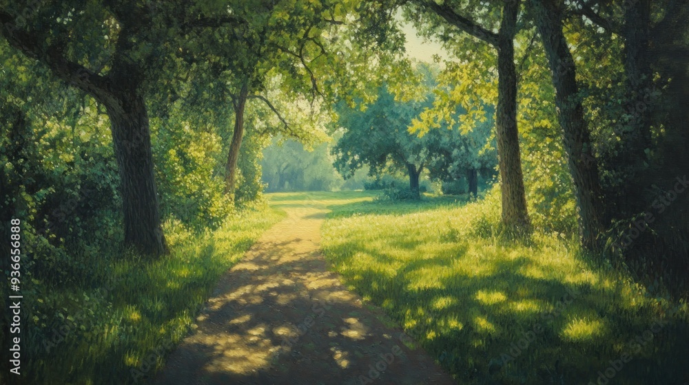 Fototapeta premium A Sun-Dappled Path Through a Lush Green Forest